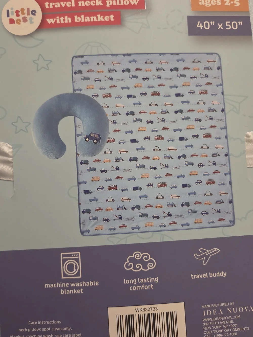 Boys Toddler Blue Kids Travel Blanket with Neck Pillow